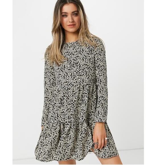 ASOS Leopard Long Sleeve Tiered Smock Mini Dress - Picture 1 of 7